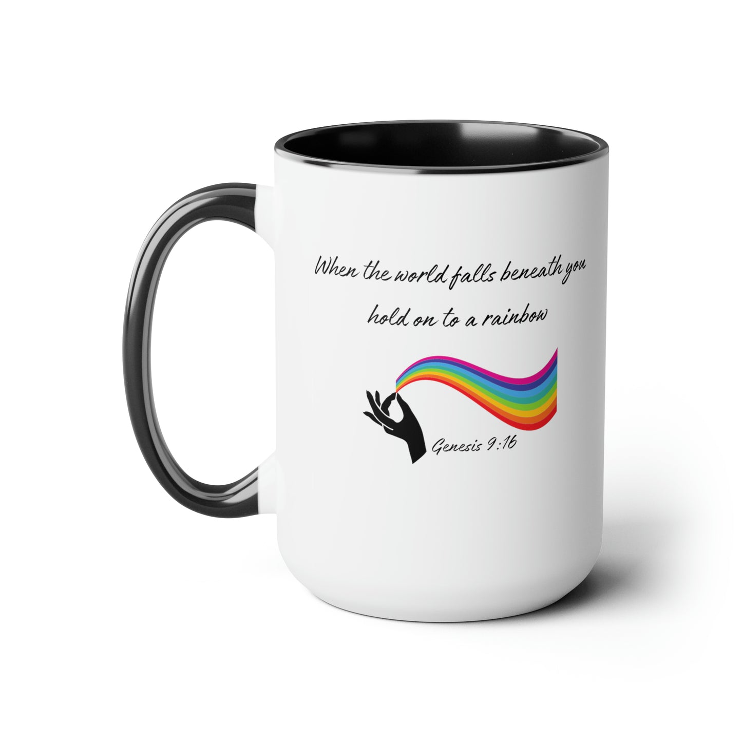 Hold On To A Rainbow Genesis 9:16 scripture reference 15 ounce Coffee Mug